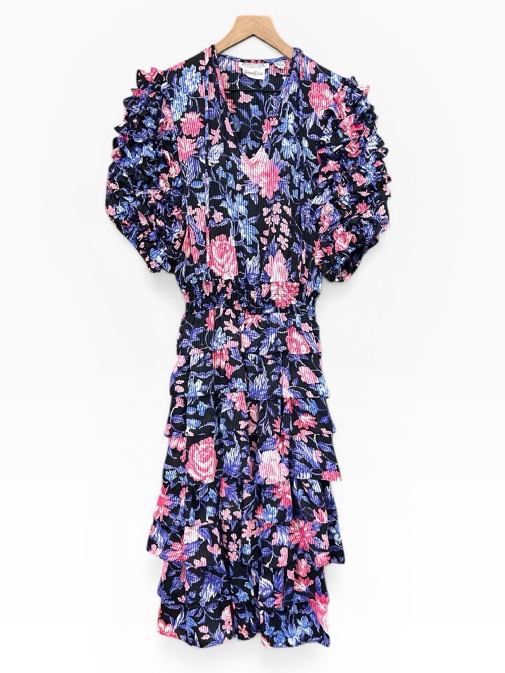 Vintage Neiman Marcus Janan Studio Floral Ruffle Sleeves Tiered Skirt Dress - Picture 11 of 11